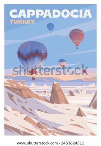 Vector premium travel poster. Air balloons in the sky over Cappadocia, Turkey. Early winter.