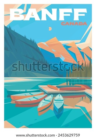 Vector premium travel poster. Boats at the dock on Lake Louise, Banff National Park, Canada. Incredible nature of the Rocky Mountains.