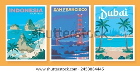 A set of three travel vector posters. View of the beach in Dubai. The United Arab Emirates. Bali, Indonesia Atuh beach. The Golden Gate Bridge in San Francisco. The state of California