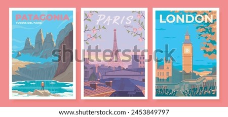 A set of three travel vector posters. Torres Del Paine National Park. Chile. Big Ben and the Palace of Westminster London, UK. Beautiful evening view of the Eiffel Tower through cherry blossom branche