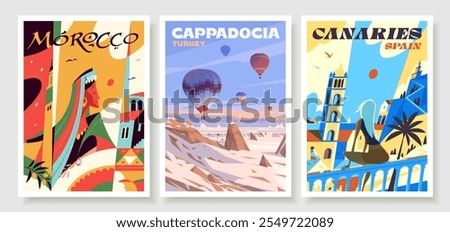 Set of  travel posters. Morocco's Aesthetics. Beautiful girl in national costume. Air balloons in the sky over Cappadocia, Turkey. A girl looks towards the sea in Santa Cruz de Tenerife. Canaries.