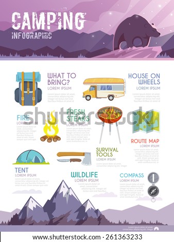 Colourful camping vector infographic. The concept of infographic for your business, web sites, presentations, advertising etc. Quality design illustrations, elements and concept. Flat style.