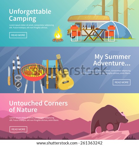 Colourful camping vector flat banner set for your business, web sites etc. Quality design illustrations, elements and concept. Unforgettable camping. Summer adventure. Untouched corners of nature.