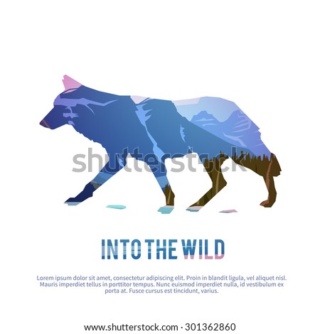 Vector poster on themes: wild animals of Canada, survival in the wild, hunting, camping, trip. Coyote.