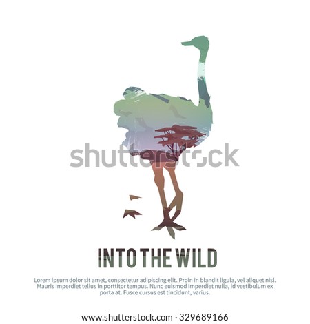 Vector poster on themes: wild animals of Africa, safari, animals of the Savannah, survival in the wild, hunting, camping, trip. African ostrich.