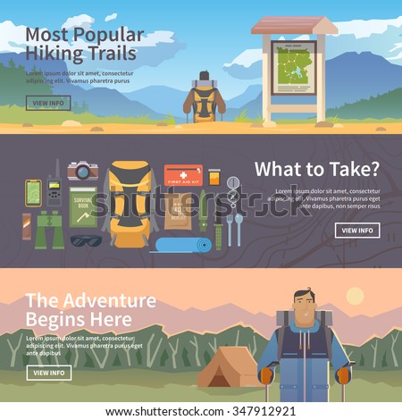 Set of flat vector web banners on the theme of Climbing, Trekking, Hiking, Walking. Sports, outdoor recreation, adventures in nature, vacation. Modern flat design.