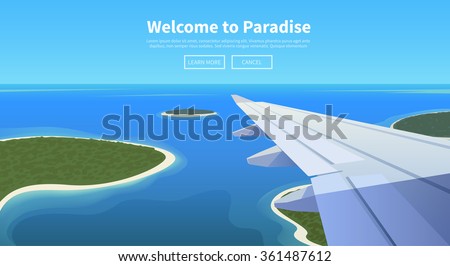 Flat vector web banner on the theme of travel by airplane, vacation, adventure. Airplane is landing in a tropical Paradise. Transport, transportation, travel. Modern flat design.