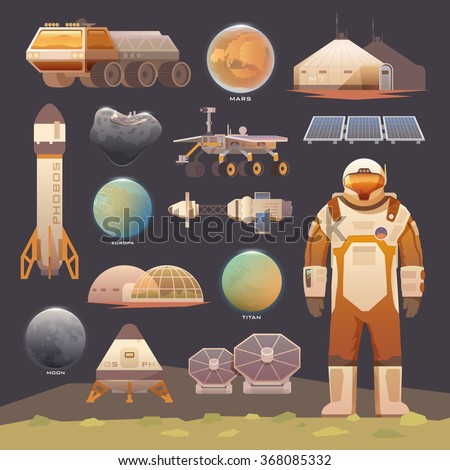 Set of flat vector elements on the theme of astronomy, space exploration, colonization of Mars, moon, Europa and Titan. Space adventure. The first colonies. Terraforming. Modern flat design.