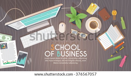 A business activity. Workplace. Office. Work in a team. Business school training. Objects lying on a wooden table. The web banner. Modern flat design. #1