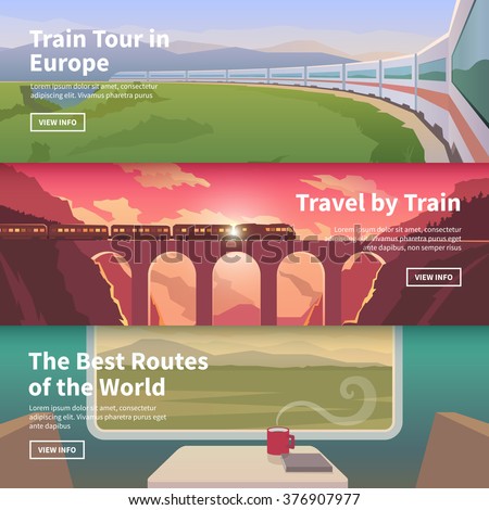 Flat vector web banners on the theme of travel by train, high speed train, vacation, landscape, view from window, railway, adventure. Mountain landscape. Sunset sky. The bridge, mountain railway. 