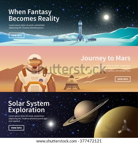 Fat vector web banners on the theme of astronomy, space exploration, colonization of space. Solar System exploration. The first colonies. Modern flat design.