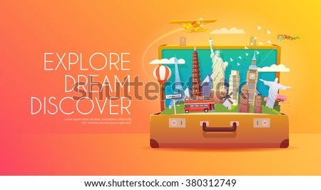 Trip to World. Travel to World. Vacation. Road trip. Tourism. Travel banner. Open suitcase with landmarks. Journey. Travelling illustration. Modern flat design. EPS 10. Colorful.