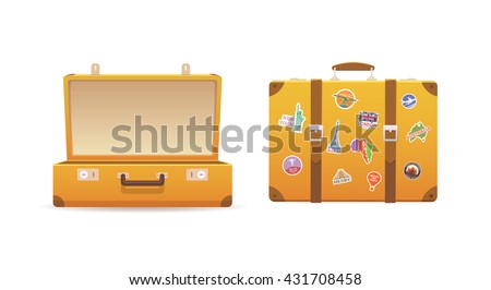 Open and close old suitcase on white isolated background. Luggage of the traveler. Flat vector illustration.