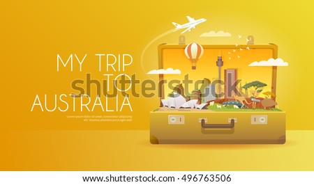 Travel to Australia. Road trip. Tourism. Open suitcase with landmarks. Horizontal advertising web banner. Modern flat design.