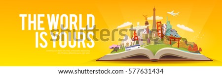 Travel to World. Road trip. Tourism. Open book with landmarks. Travelling vector banner. The World is Yours! Modern flat design. #1