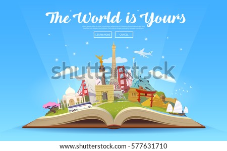 Travel to World. Road trip. Tourism. Open book with landmarks. Travelling vector illustration. The World is Yours! Modern flat design. #4