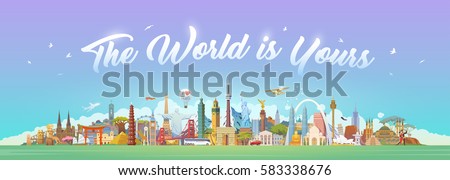 Travel to World. Road trip. Big set of famous landmarks of the world. Concept website template. Vector illustration. Web banner. Modern flat design. #2