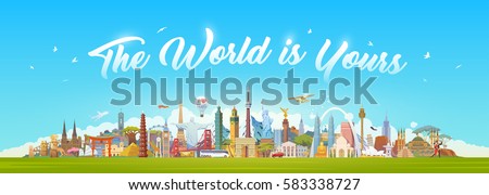 Travel to World. Road trip. Big set of famous landmarks of the world. Concept website template. Vector illustration. Web banner. Modern flat design. #1