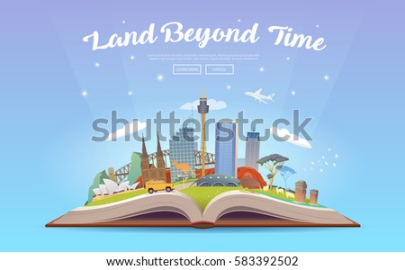 Travel to Australia. Road trip. Tourism. Open book with landmarks. Australia Travel Guide. Advertising web illustration. Summer vacation. Travelling banner. Modern flat design. #5