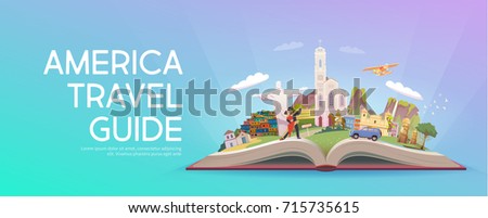 Travel to South America. Road trip. Tourism. Open book with landmarks. South America Travel Guide. Advertising web illustration. Summer vacation. Travelling banner. Modern flat design.