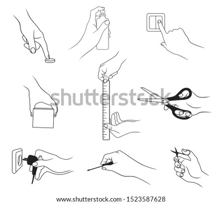 Vector set of outline, various hand actions and gestures, isolated, in black color, on white background.