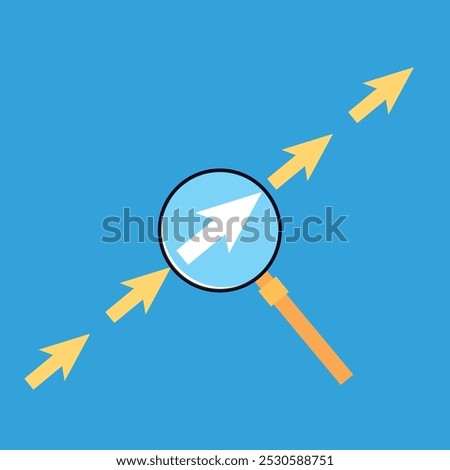 A magnifying glass highlights an arrow moving upward, symbolizing focus, direction, and progress towards a goal or success.