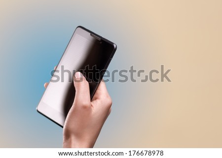 telephone in neat girl\'s hands, on blue background