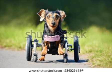 Image, Stock Photo Disabled dachshund in a wheelchair running outdoors