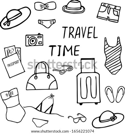 picking up a suitcase on a trip hand drawn set of elements in doodle style. Scandinavian simple liner. travel bag, hand luggage, camera, passport, tickets, hats, swimwear, bikini, sunglasses, shorts