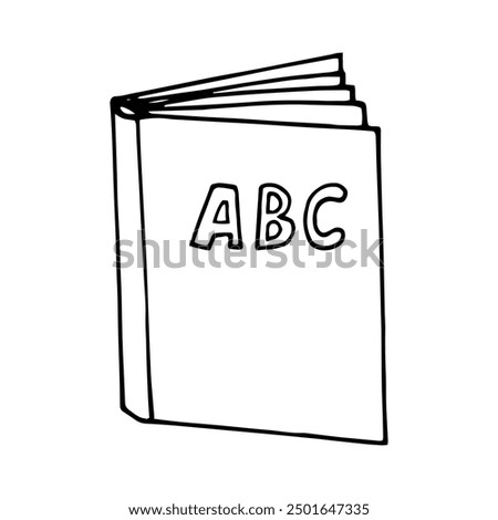 open book and letters ABC hand drawn in doodle style. ABC, school textbook illustration in simple Scandinavian style.