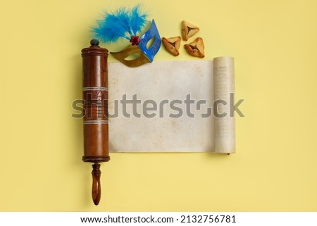 The Scroll of Esther and Purim Festival objectsюTop view, space for text Foto stock © 