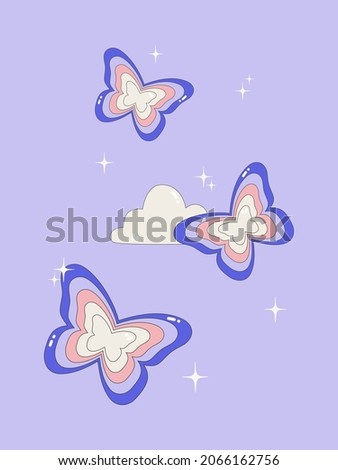 Modern poster on the theme of the 00s. Stylish print with cloud and butterflies in the sky. Glamorous vector illustration Y2k. Nostalgia for the 2000 years.