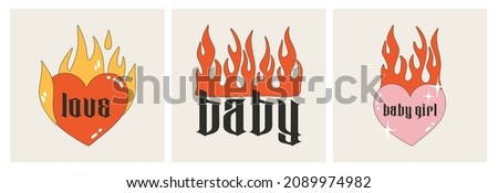 Heart with a flame and words - baby, love, baby girl. A set of postcards with inscriptions in the Gothic style. Modern vector illustration Y2k. Nostalgia for the 2000 years. Perfect print for tshirt