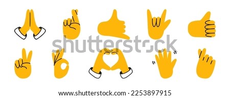 A large set of different gestures. emoji hands. Hello, thumbs up, heart gesture with hands, prayer, ok, rock, peace. Vector illustrations isolated on a white background