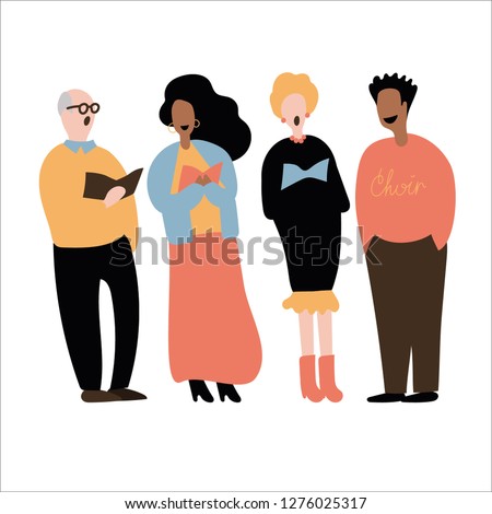 Choir singing. Group of people singing. Group of male and female flat cartoon characters isolated on white background. Vector illustration.