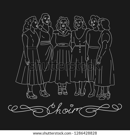 Woman choir singing. Group of people singing. White lines cartoon characters on black background. Vector illustration.
