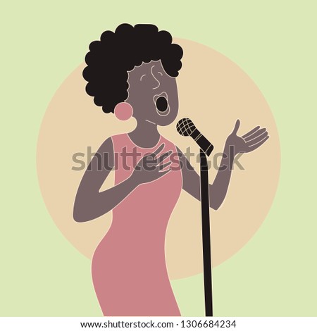 Afro american woman singing. Microphone. Hand drawn style vector design illustrations