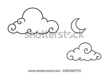 Clouds in curly style. Decorative asian clouds for festive designs. Illustration with simple doodle clouds and moon. Vector illustration isolated in white background. 