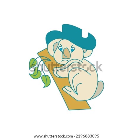 Koala wearing a cowboy hat climbing a log logo design simple modern, Fantastic vector template.