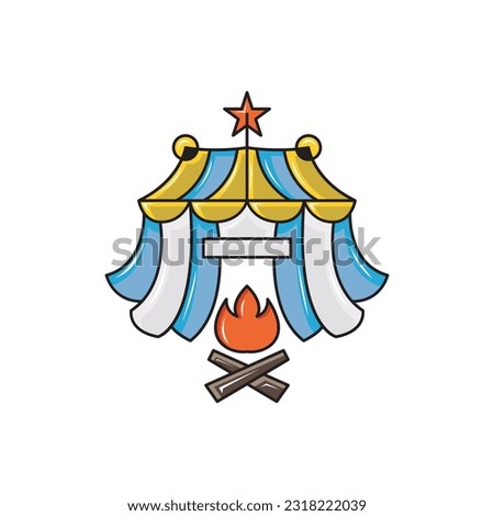 impressive circus tent logo with bonfire in front, logo design simple modern. solid color style,