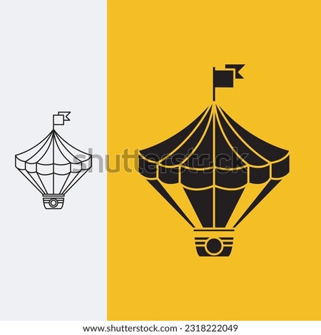 circus tent logo with a hot air balloon combination that has a flag above it, Line art style and silhouette stylish.