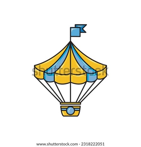 circus tent logo with a hot air balloon combination that has a flag above it, modern sign template. solid color style,