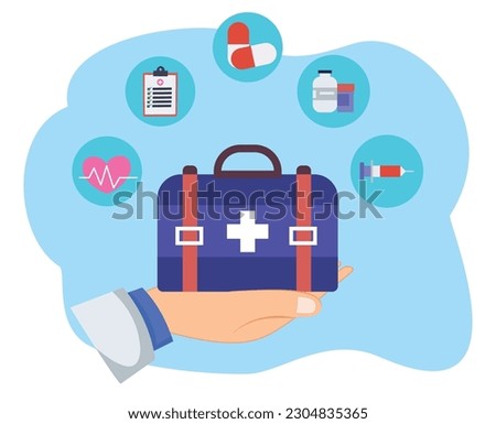 illustration doctor holding medicine bag and medical tools. illustration of a doctor hand holding a medicine bag