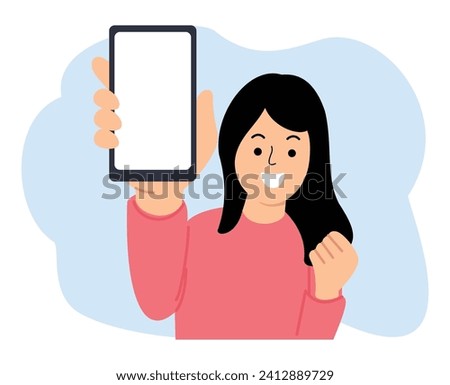 woman excited holding smartphone with blank screen