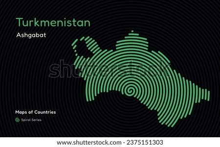 Isolated abstract spiral vector hatched map of Turkmenistan on a black background, identifying its capital city, Ashgabat. Spiral fingerprint series