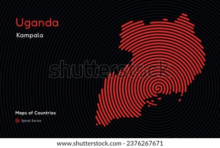 Abstract map of Uganda with circle lines. identifying its capital city, Kampala African set. Spiral fingerprint series