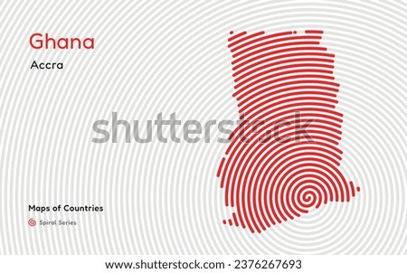 Abstract map of Ghana with circle lines. identifying its capital city, Accra African set. Spiral fingerprint series