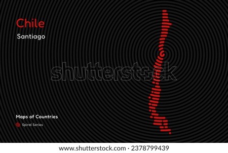 Abstract Map of Chile in a Circle Spiral Pattern with a Capital of Santiago. American Set.