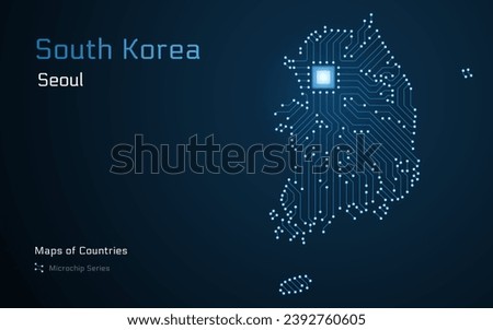 South Korea Glowing Map with a capital of Seoul Shown in a Microchip Pattern. E-government. World Countries vector maps. Microchip Series
