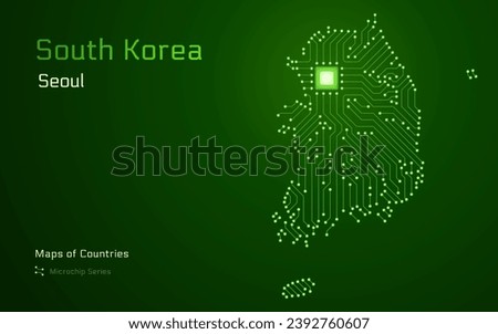 South Korea Glowing Map with a capital of Seoul Shown in a Microchip Pattern. E-government. World Countries vector maps. Microchip Series
